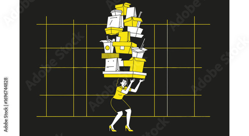 Burdened Woman Balancing Boxed Food, Illustrating Overwhelm, With Yellow Accents