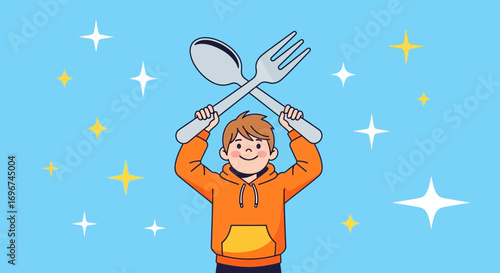 Cheerful Youngster With Big Cutlery and Starry Background, Ready for a Delicious Meal