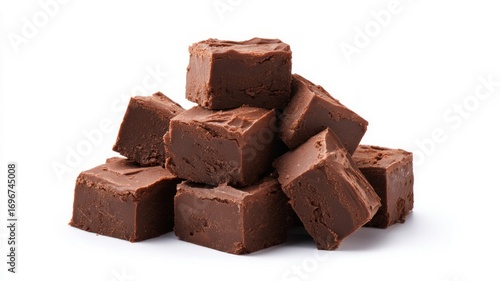 Chocolate fudge cubes on white background. AI generated