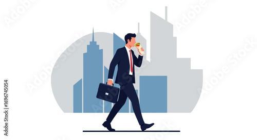 Business Professional Enjoying Quick Meal While Walking Amidst The Metropolis Skyline
