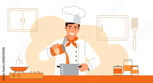 Chef Adding Ingredients Into Pot Preparing Flavorful Culinary Delight Illustration