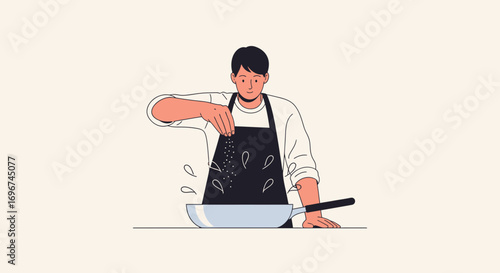 Chef Adding Salt To A Frying Pan, Cooking, Food Preparation Illustration