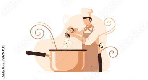 Chef Adding Seasoning To Dish In A Kitchen, Cooking Culinary Concept Illustration