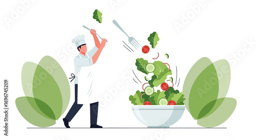 Chef Artfully Tosses Fresh Salad Ingredients Into a Bowl for a Vibrant Culinary Creation