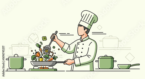 Chef Artfully Tosses Fresh Vegetables in a Pan Creating a Culinary Delight Illustration