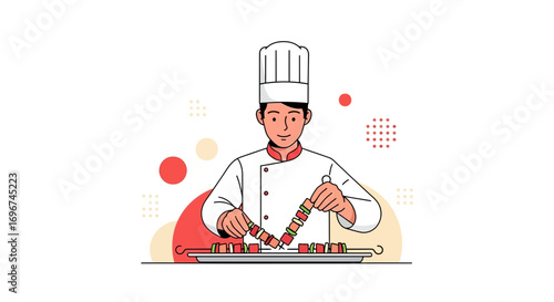 Chef Assembling Skewers: A Colorful and Appetizing Culinary Illustration