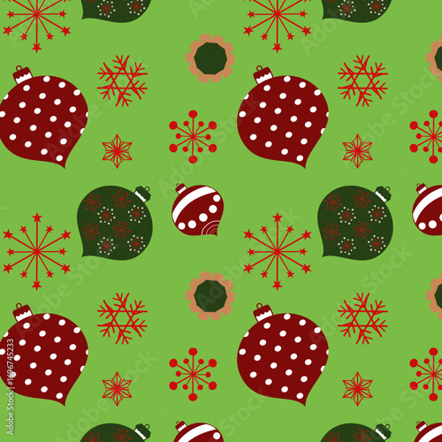 Pattern di Natale con palline e fiocchi di neve  su sfondo verde chiaro, sfondo senza cucitura