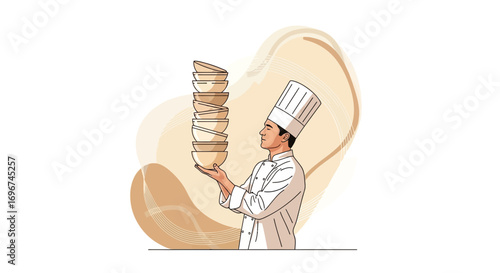 Chef Balancing Bowls, Restaurant Concept, Culinary Skill, Balancing Act, Food Service Illustration