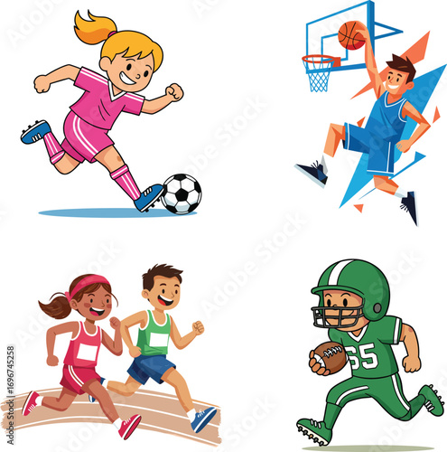 Children playing soccer, basketball, running race, and American football, active kids sports activities, teamwork, fitness, healthy lifestyle, cartoon vector illustration