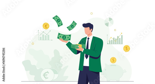 Businessman Displaying Prosperity And Wealth With Cash And Currency For Financial Concepts