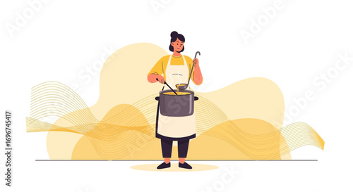 Chef Cooking Delicious Soup In Big Pot During The Day, Animated Illustration