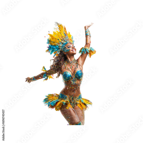 Brazilian Carnival Dancer in Vibrant Costume, Energetic Pose