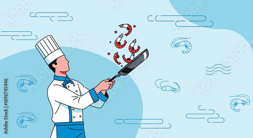 Chef Cooking Shrimp, Illustrative Design of a Culinary Expert Crafting a Delicious Meal