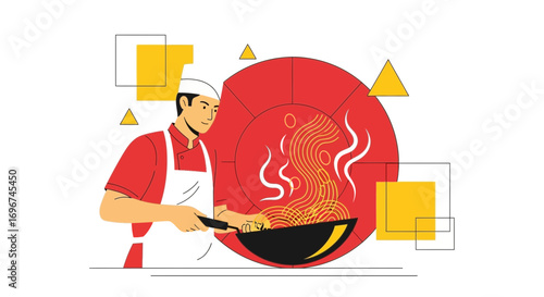Chef Cooking Noodles In A Wok With A Red Background And Geometric Accents