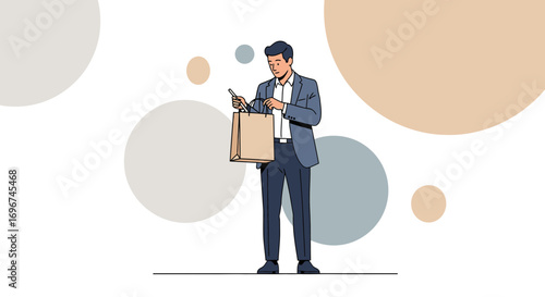 Businessman Reviewing Purchases From Shopping Bag in Modern And Minimalistic Style Presentation