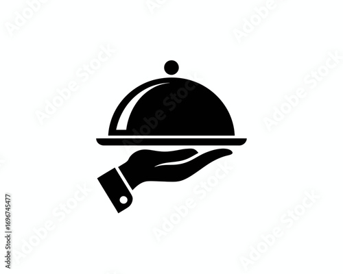 Elegant hand serving food cloche silhouette vector icon simple minimalist design restaurant catering service graphic
