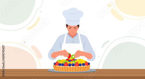 Chef Crafting Exquisite Fruit Tart: Culinary Artistry with Fresh, Colorful Ingredients