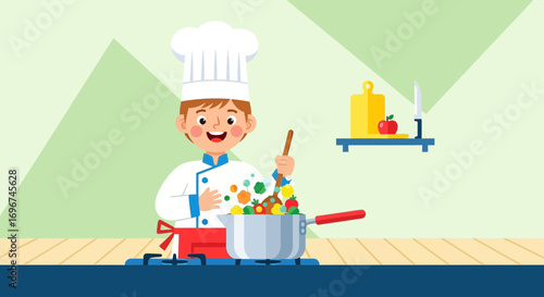 Chef Creating Delicious Dish In Kitchen, Illustration About Culinary Techniques