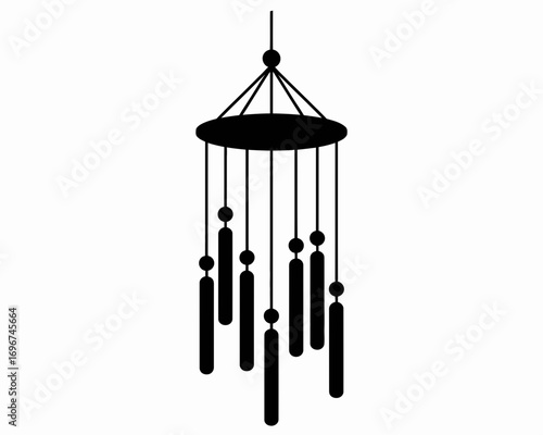 Elegant black silhouette wind chime illustration featuring suspended tubes and beads vector art scalable for design projects