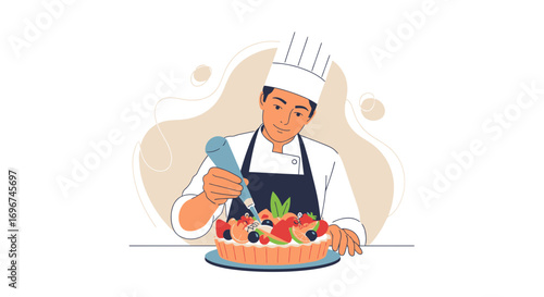 Chef Decorating Delicious Fruit Gourmet Tart for Presentation, Illustration of Dessert Making