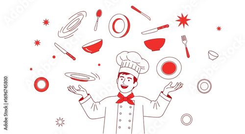 Chef Demonstrates Culinary Dexterity with Skillful Plate and Utensil Manipulation