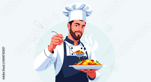 Chef Displaying Exquisite Culinary Creation on Plate with Fresh Vegetables and Delicious Pasta