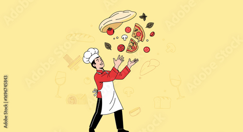 Chef Effortlessly Juggling Pizza Ingredients in Vibrant Colored Illustration