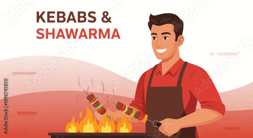 Chef Displaying Shawarma And Kebabs Cooking Over Fire, Smiling, Ready, To Serve Delicious Dishes