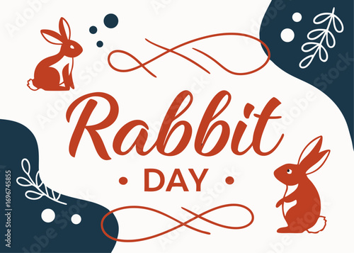 Festive Rabbit Day Illustration with Playful Bunnies Elegant Swirls and Nature Inspired Accents on a White Background