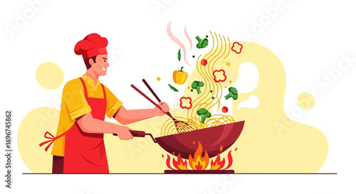 Chef Energetically Cooking Noodles with Fresh Ingredients Above a Blazing Fire in a Pan