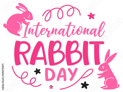Celebration of International Rabbit Day with Pink Bunnies Stars and Swirls on a White Background festive