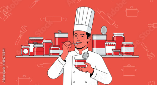 Chef Enjoying Food From Canned Goods Surrounded By Kitchen Utensils In A Red Kitchen Setting