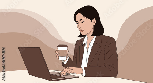 Businesswoman Working With Computer While Enjoying Coffee In A Modern Office Setting