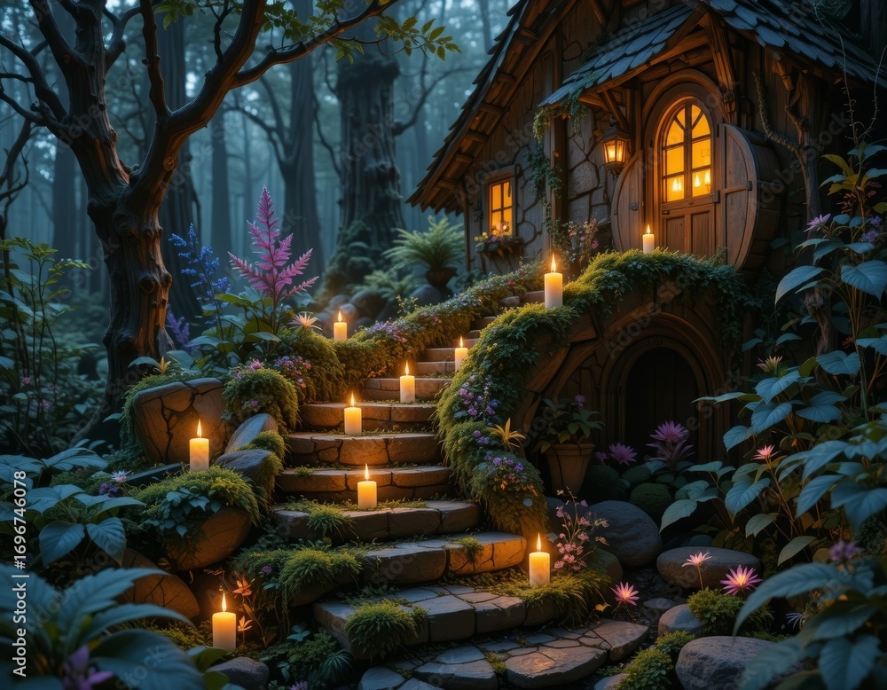 Obraz premium Enchanting forest cottage illuminated by warm candlelight on mossy stairs