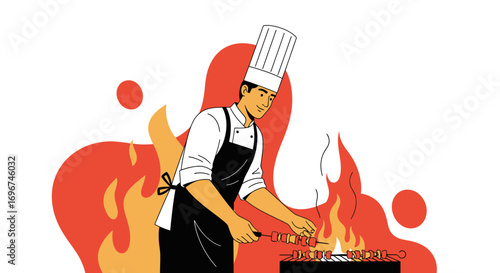 Chef Grilling Skewers Over Fire Cooking Delicious Food Illustration Vector Graphic