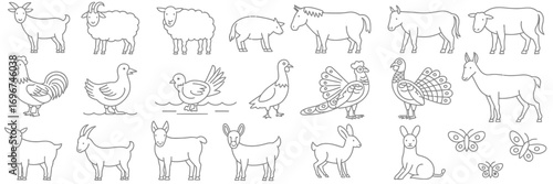 Collection of simple black line drawings of farm animals and pets for scalable vector illustrations and icons