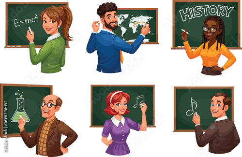 Cartoon teachers teaching physics, geography, history, chemistry, and music in classroom with chalkboard, education subjects, school learning vector illustration design