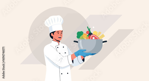 Chef Holding Fresh Ingredients Above a Pot for Culinary Arts and Delicious Dishes