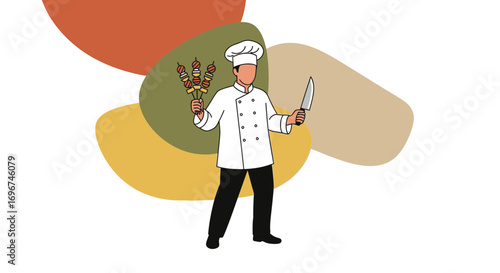 Chef Holding Kebab And A Knife Serving On A Colored Background Illustration