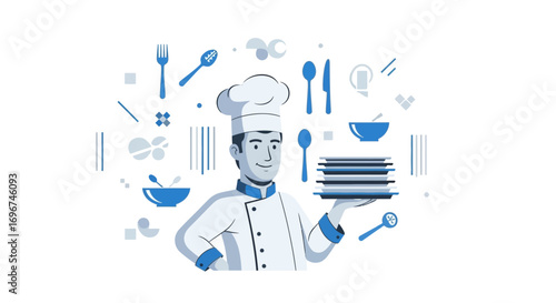 Chef Holding Plates With Culinary Elements And Kitchen Utensils Illustration