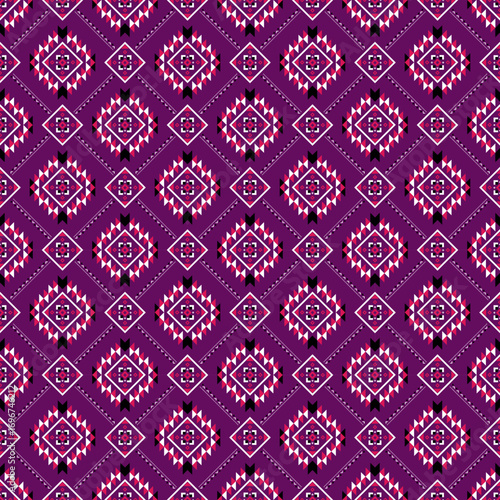 tribal graphic pattern in dark purple and pink tones. It features repeating geometric shapes, such as rhombuses and triangles, arranged in an orderly fashion.