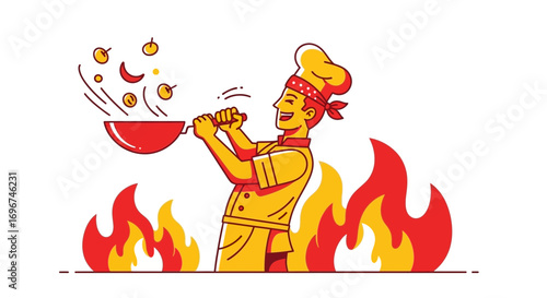 Chef Joyfully Cooking With Fire And Passion, Creative Illustration For Restaurant Promotions