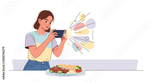 Capturing Delicious Food: A Young Woman Takes a Photo of a Plate of Shawarma
