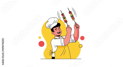 Chef Joyfully Displays Skewered Delights Culinary Excellence Illustration for Food Lovers