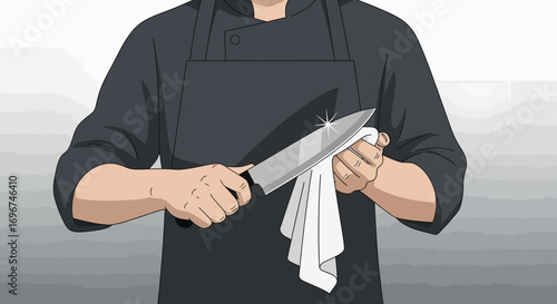 Chef Polishes Bright Kitchen Knife Before Culinary Endeavors, Essential Food Preparation