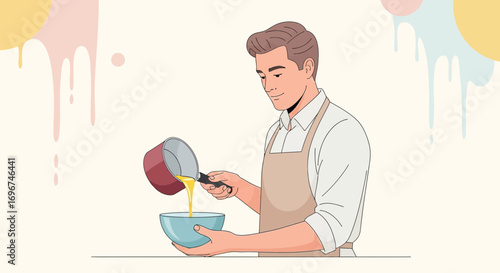 Chef Pouring Golden Sauce Ingredients into a Bowl to Begin a Culinary Delight