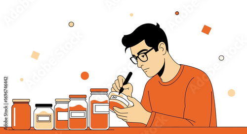 Careful Man Labeling Jar with Pen in Clean and Modern Style Illustration