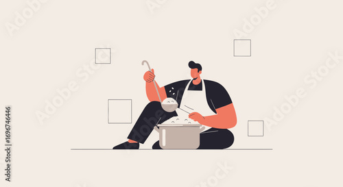 Chef Pours Dish, With Minimalistic Design, Featuring Simplified Figures and Clean Aesthetics