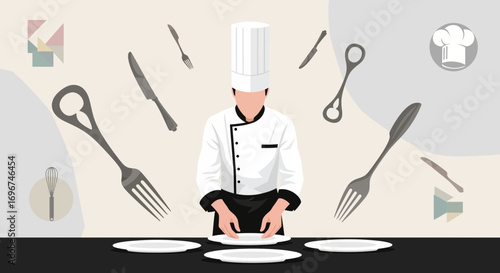 Chef Prepares Elegant Plates Amidst Utensils, A Culinary Symphony Displayed with Flair