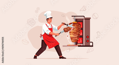 Chef Prepares Delicious Shawarma, Food Preparation Concept, Culinary Illustration, Vector